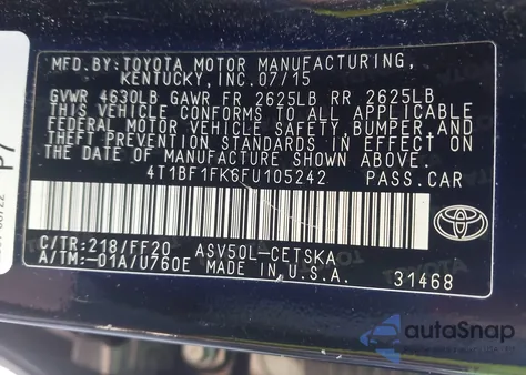 2015 Toyota Camry Se from USA, damaged, VIN 4T1BF1FK6FU105242